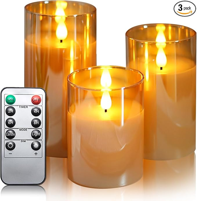 Lezonic Gold Glass Flameless Candles Battery Operated with Remote, Set of 3 Real Wax LED Pillar C... | Amazon (US)