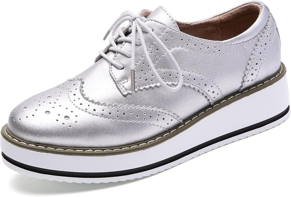 DADAWEN Women's Platform Lace-Up Wingtips Square Toe Oxfords Shoe | Amazon (US)