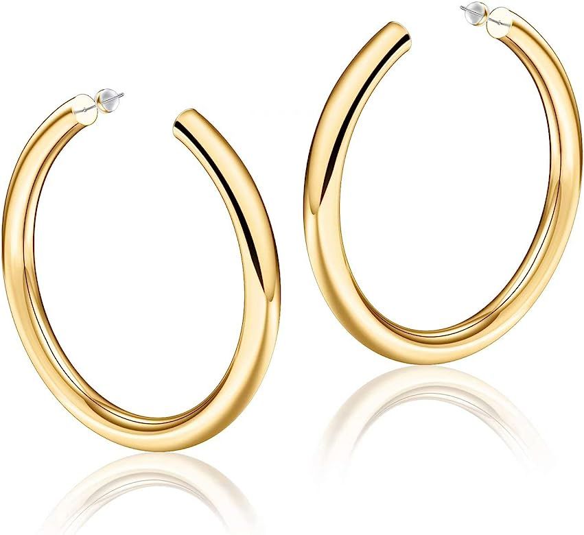 Amazon.com: Gold Hoop Earrings for Women, 14K Gold Plated Lightweight Chunky Open Hoops 60mm Gold... | Amazon (US)