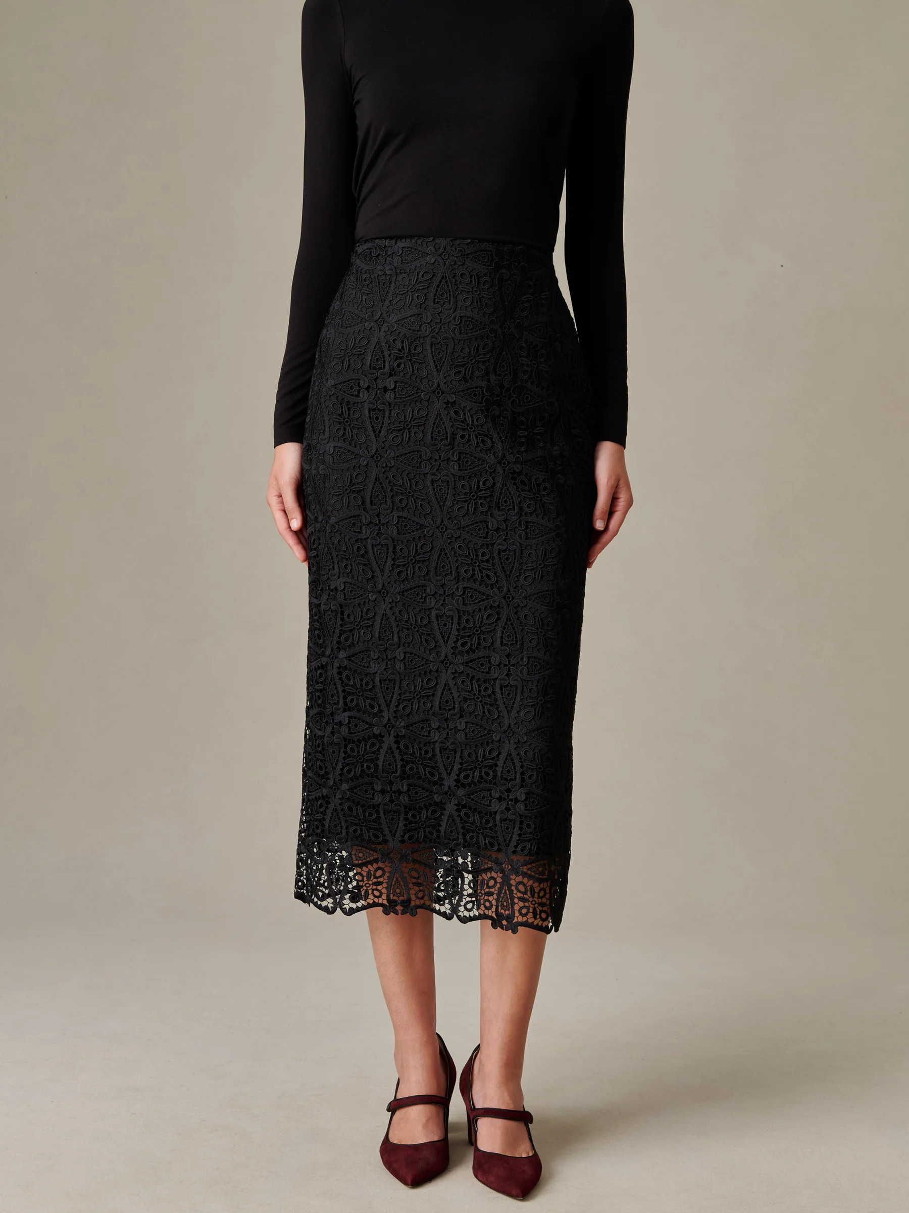 Black Solid Pippa Lace Skirt | Women's Skirts | J.McLaughlin | J.McLaughlin