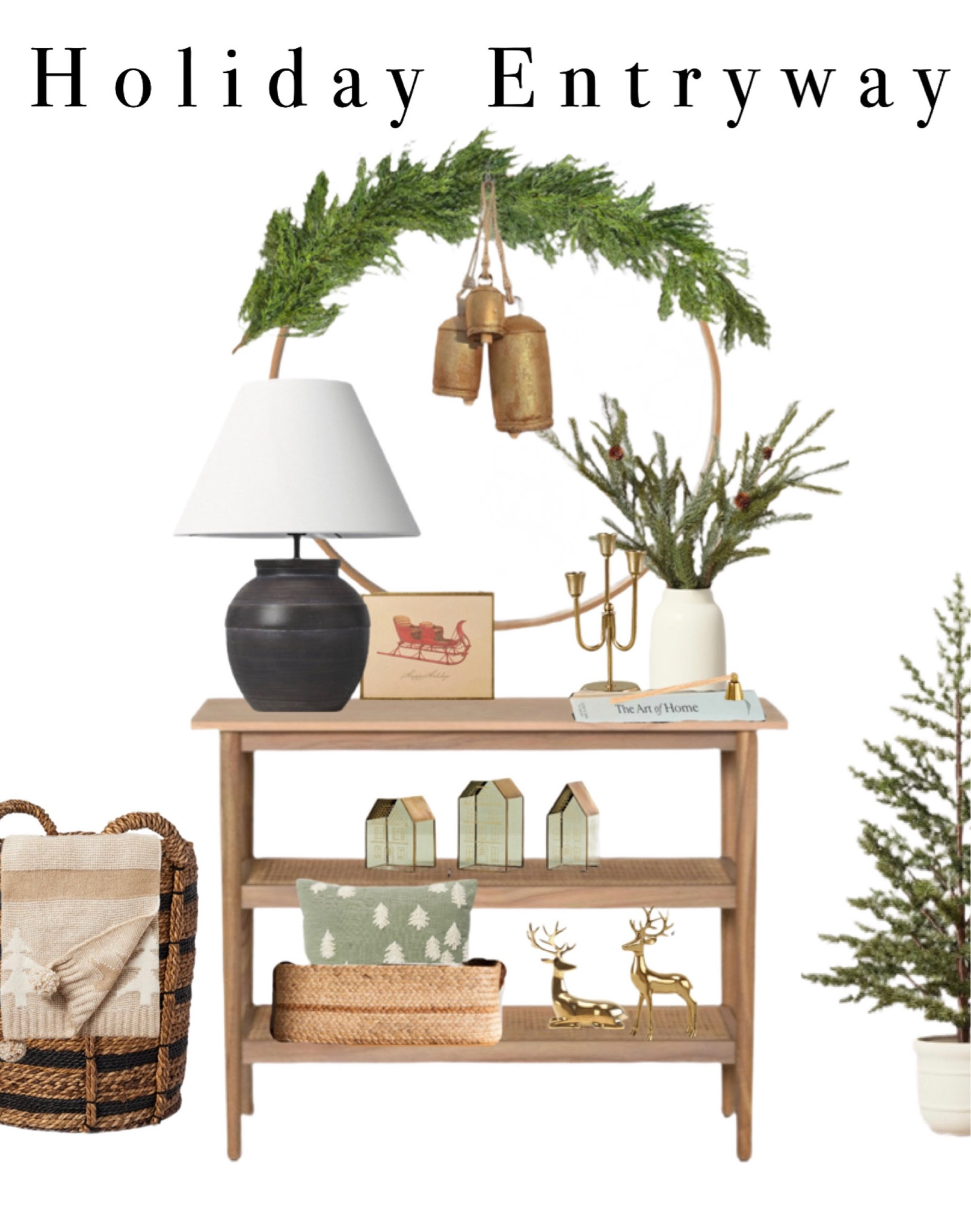 Holiday/Christmas Entryway styling.
Home decor. Console table. Winter decor. Bookshelf styling for the holidays. Gold/ green/ neutrals. Gold bells. Christmas garland.

#LTKHolidaySale #LTKHoliday #LTKhome