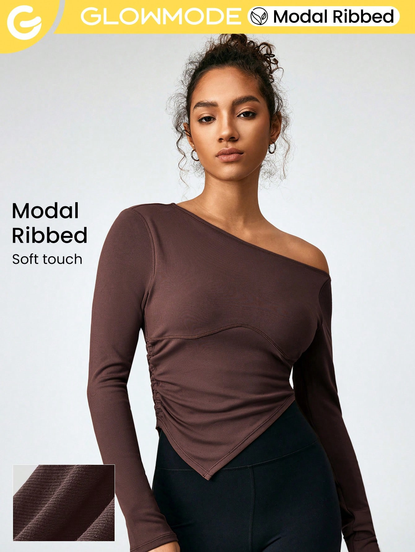 GLOWMODE Ribbed Modal Good Flow High Slit Off-The-Shoulder Long Sleeve Tee | SHEIN