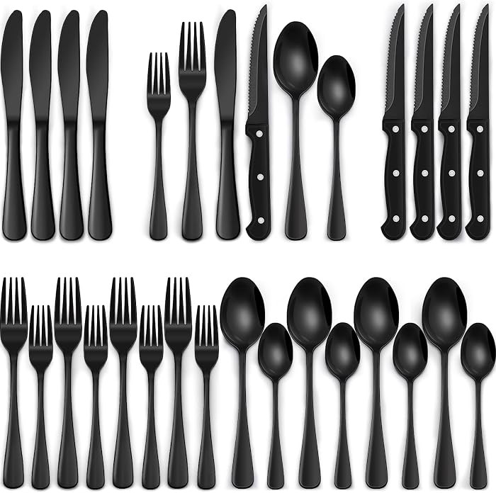 EWFEN 24-Piece Black Silverware Set with Steak Knives, Black Flatware Set for 4, Food-Grade Stain... | Amazon (US)