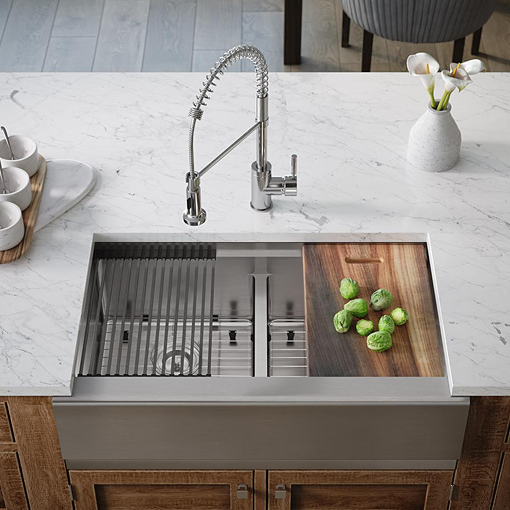 MR Direct Stainless Steel 32-3/4 in. 50/50 Double Bowl Farmhouse Apron Kitchen Sink with Additional  | The Home Depot