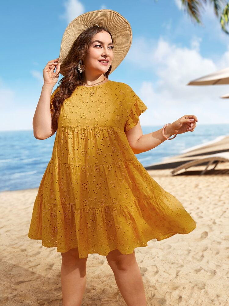 SHEIN Plus Eyelet Embroidery Ruffle Hem Flounce Sleeve Smock Dress | SHEIN