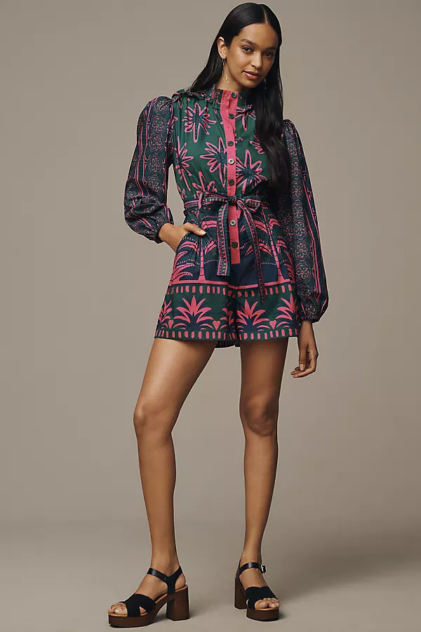 Farm Rio x Anthropologie Mock-Neck Buttondown Romper | Anthropologie (US)