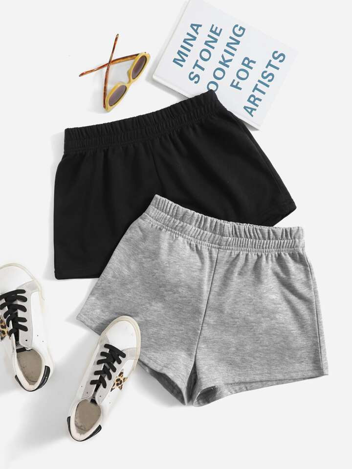 SHEIN EZwear 2 Pack Solid Elastic Waist Track Shorts | SHEIN