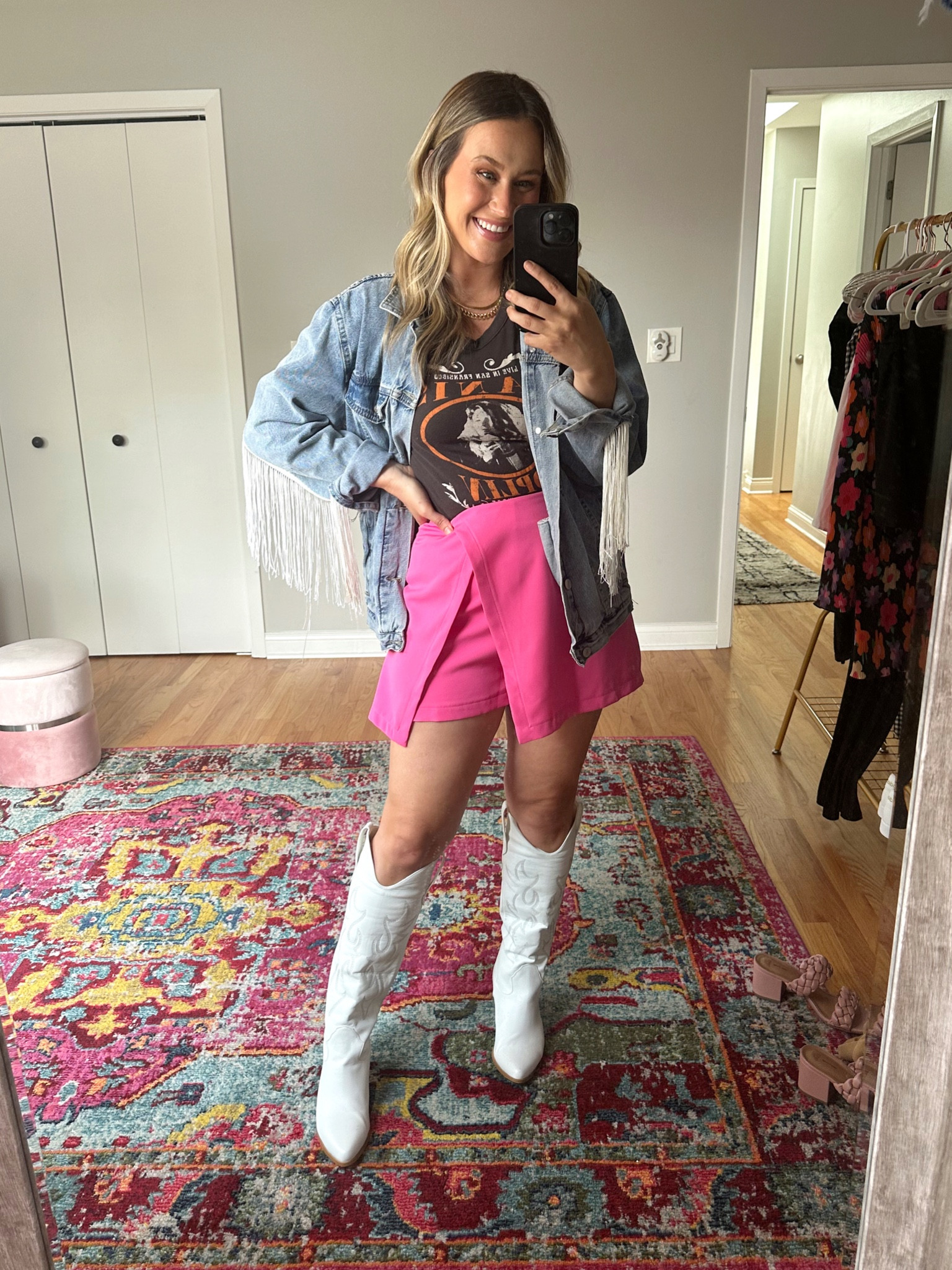 Country concert outfit idea / oversized denim jacket, pink skort, graphic tee and white boots #countryconcert #concertoutfit #amazonfashion 

#LTKstyletip #LTKunder50 #LTKshoecrush