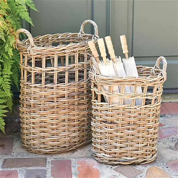 Woven Rattan Handled Storage Baskets Set of 2 | Antique Farm House