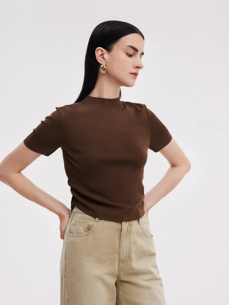 Tencel Acetate Blend Women Side Pleat Knit Top | GOELIA