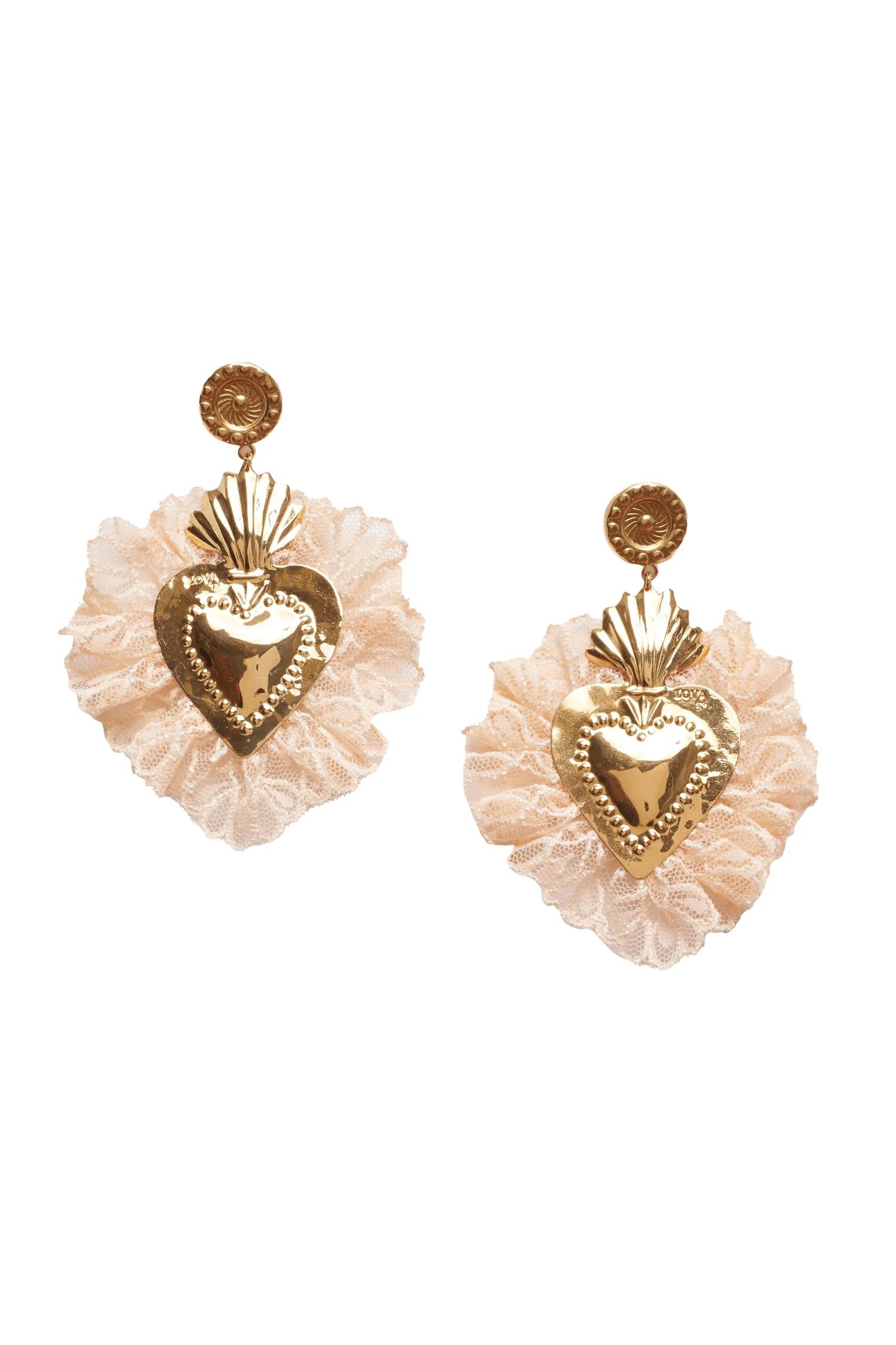 LoveShackFancy x Lova Gold Heart Beige Lace Fringe Earrings | LOVESHACKFANCY
