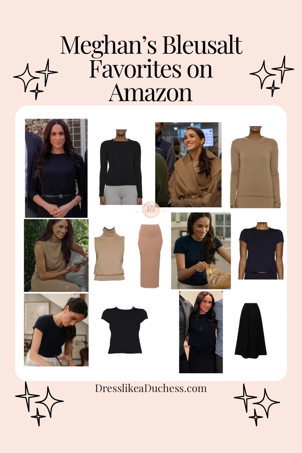 Meghan Markle in her Bleusalt favorites including the sleeveless turtleneck in camel with matching tube skirt, classic crewneck top in camel and black, the perfect t in navy and black, a-line skirt in navy. Meghan also owns the Bleusalt long sleeve crew dress in black and the brand’s long sleeve turtleneck in navy (not pictured)