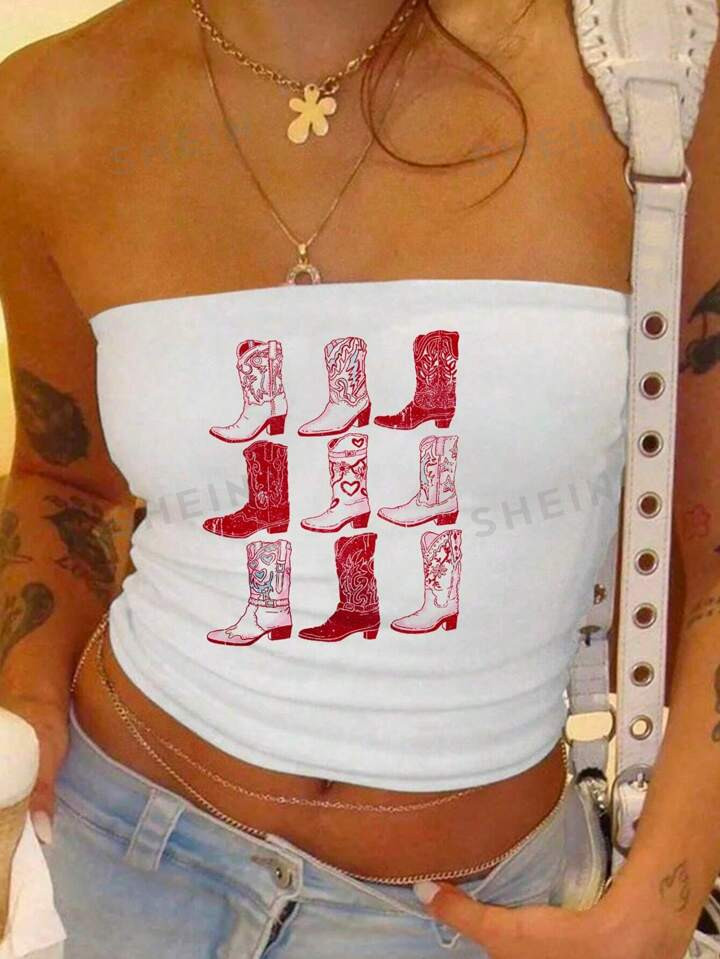 SHEIN EZwear Vintage Style Boot Pattern Women's Casual Sexy Tight Camisole, Suitable For Summer | SHEIN