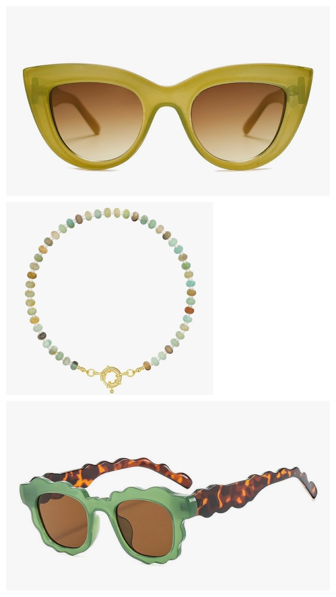 Green accessories for fall: green sunglasses and glass bead necklaces 

#LTKSeasonal #LTKFindsUnder100 #LTKFindsUnder50
