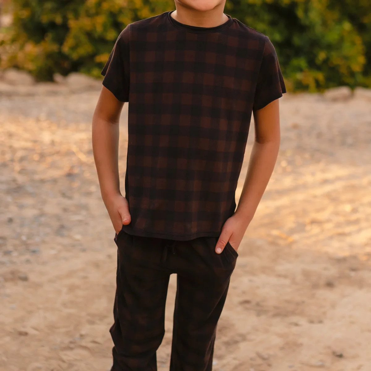 Youth Jogger Set In Brown Gingham | Silks Design