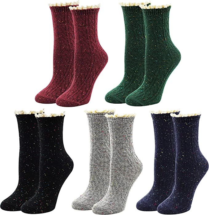 Bellady Lace Slouch Socks Women, Cotton Crew Socks, Frilly Ruffle Boot Socks 5 Pairs | Amazon (US)