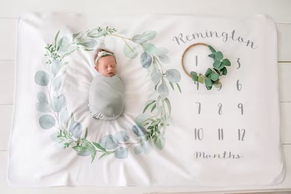 Baby Milestone Blanket- Eucalyptus Leaf Design, Personalized, Watch Me Grow, New Mom Baby Shower ... | Etsy (US)