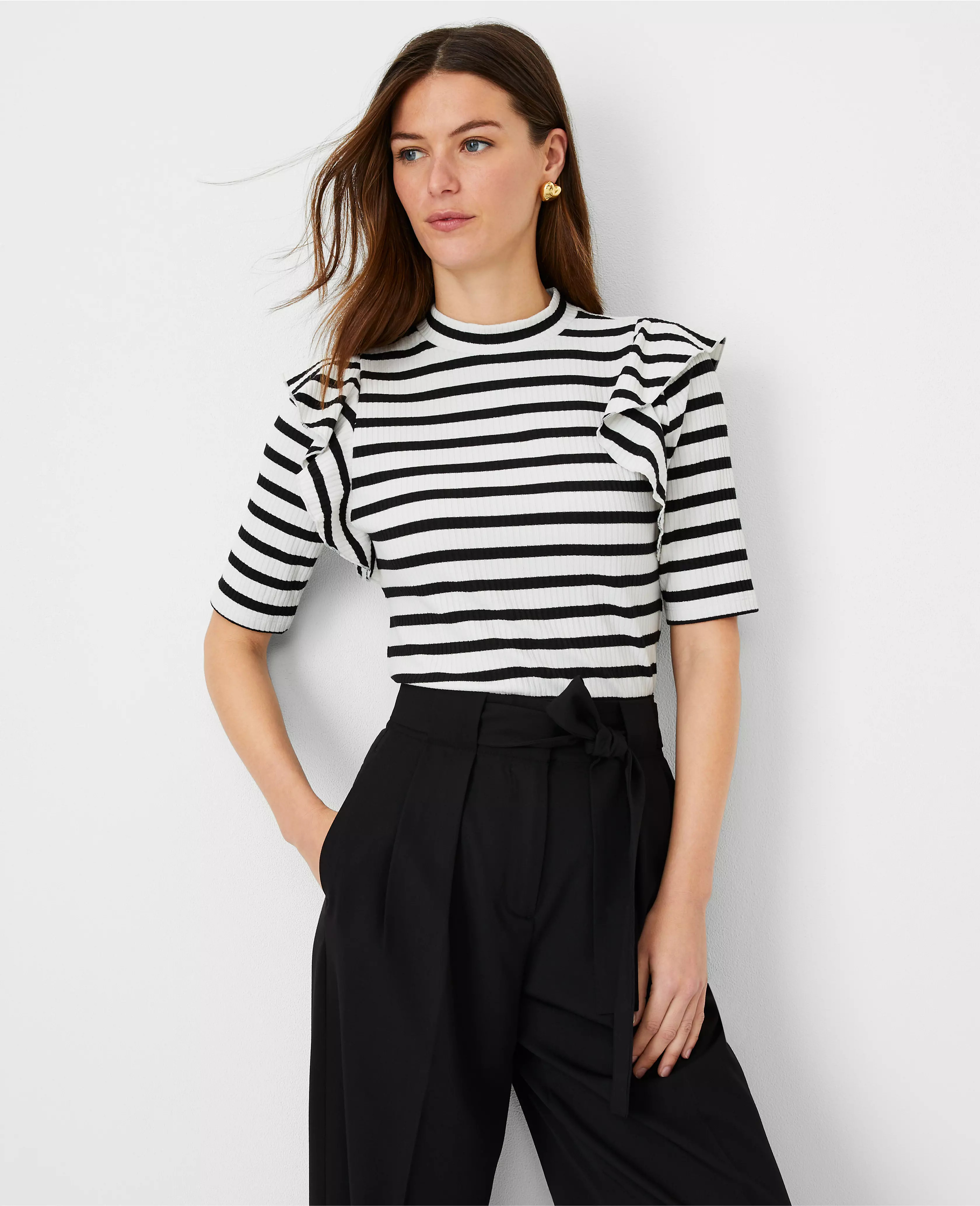 Stripe Ruffle Shoulder Mock Neck Top | Ann Taylor (US)