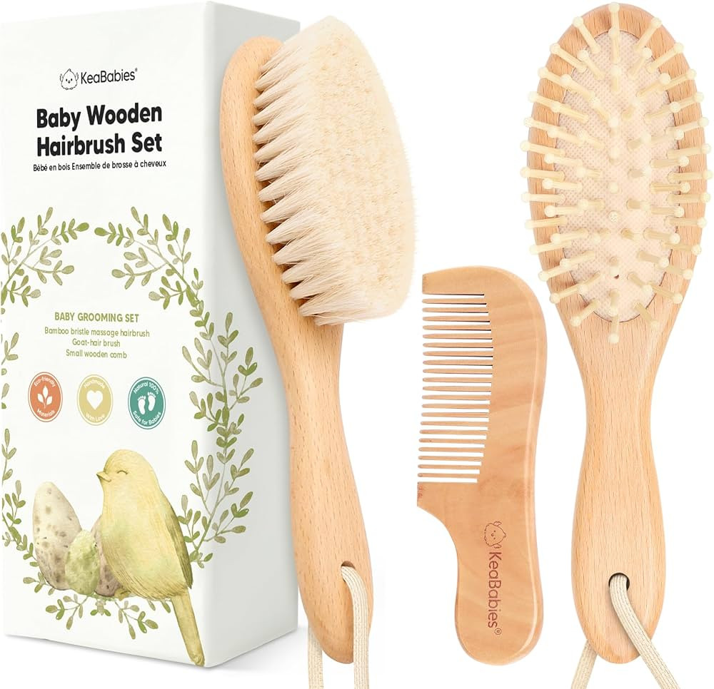 Wooden Baby Brush and Comb Set with Soft Goat Bristles for Newborns and Toddlers, Cradle Cap Oval... | Amazon (US)