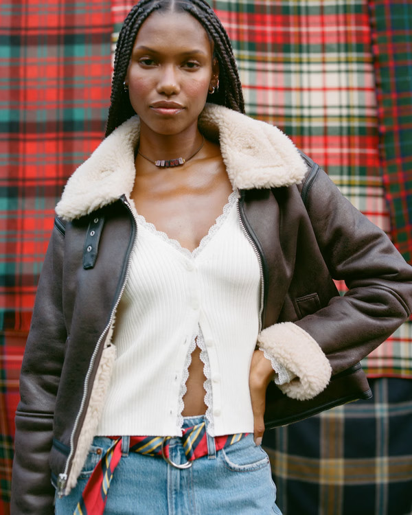 Women's Short Vegan Leather Shearling Coat | Women's | Abercrombie.com | Abercrombie & Fitch (US)