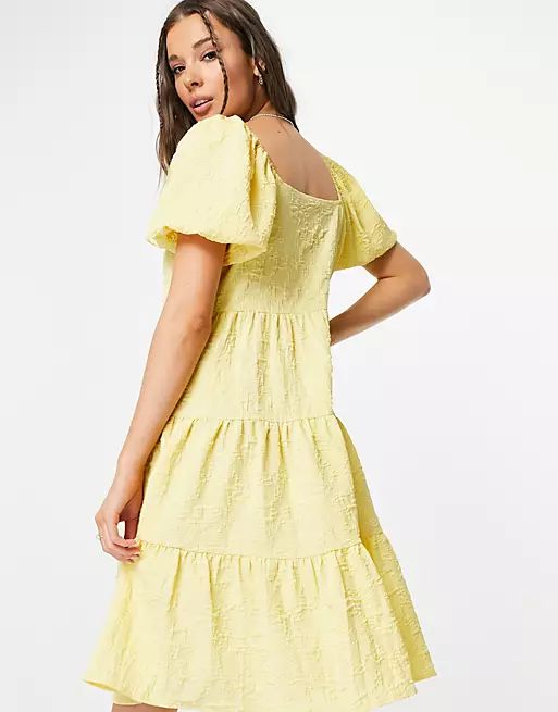 Pieces Mariah puff sleeve smock dress in yellow | ASOS (Global)