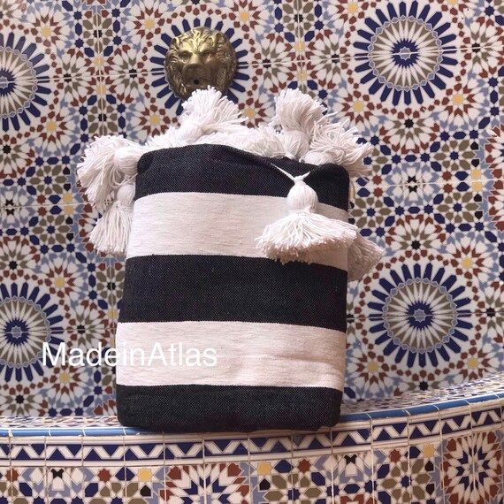 Chata Moroccan pompom blanket , cotton 100% ,handmade, white and black stripe pompom white full  ... | Etsy (US)