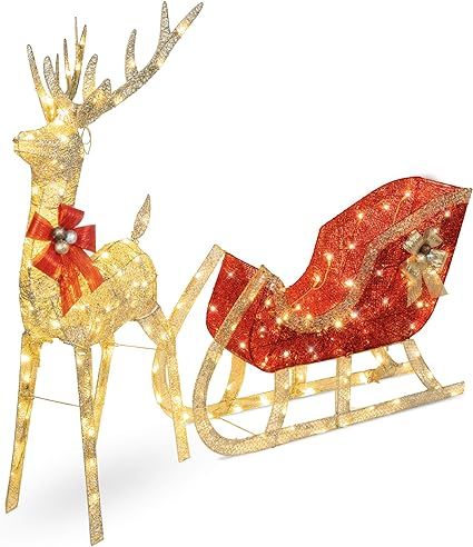 Best Choice Products Lighted Christmas 4ft Reindeer & Sleigh Outdoor Yard Decoration Set w/ 205 L... | Amazon (US)
