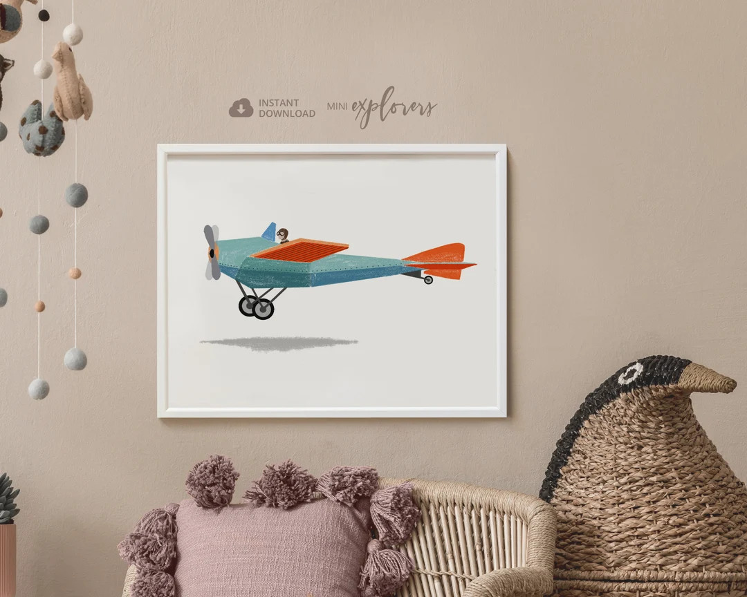 Airplane nursery art, Boy room wall art, Vehicle room decor, Vintage airplane, Playroom poster, P... | Etsy (US)