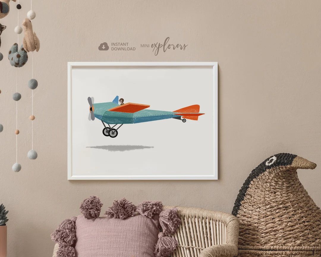 Airplane nursery art, Boy room wall art, Vehicle room decor, Vintage airplane, Playroom poster, P... | Etsy (US)
