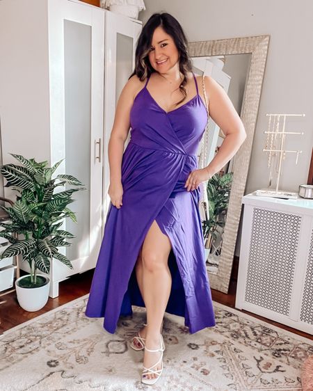 A gorgeous and comfortable wedding guest dress! Love this purple maxi and I love that the bust area closes with a little snap! I’m wearing an XL here but need an L so this is TTS. 

Also wearing slip shorts and my favorite strapless bra underneath! 

Midsize style, curvy style, maxi dress, purple dress, wedding guest dress 

#LTKcurves #LTKwedding
