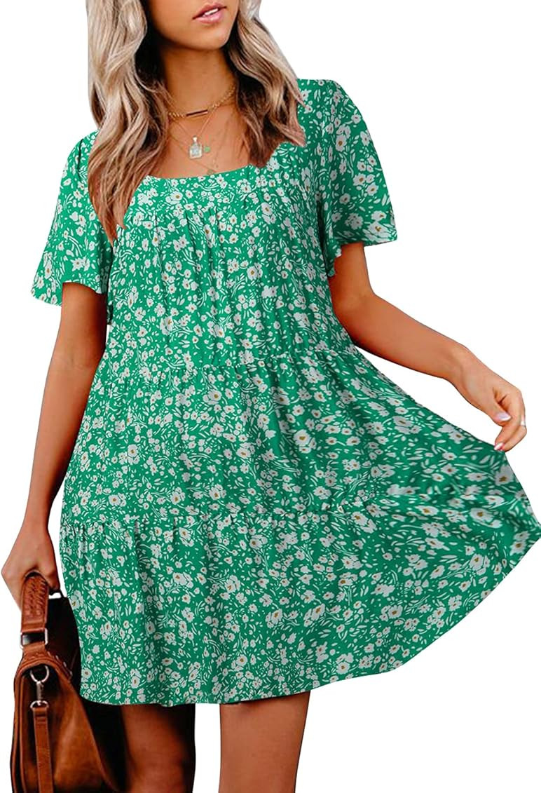 MITILLY Women's Summer Boho Floral Print Square Neck Ruffle Sleeve Loose Casual Short Mini Dress | Amazon (US)