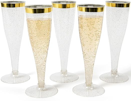 Prestee 24 Plastic Champagne Flutes Disposable, Gold Rim Gold Glitter Plastic Champagne Glasses f... | Amazon (US)