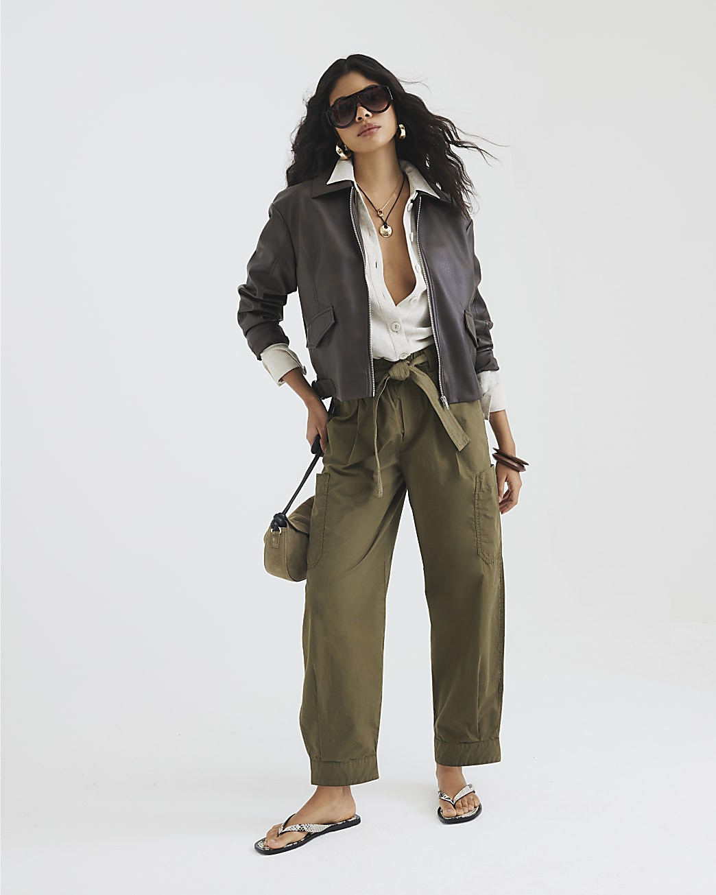 Khaki Belted Barrel Trousers | River Island UK & IE