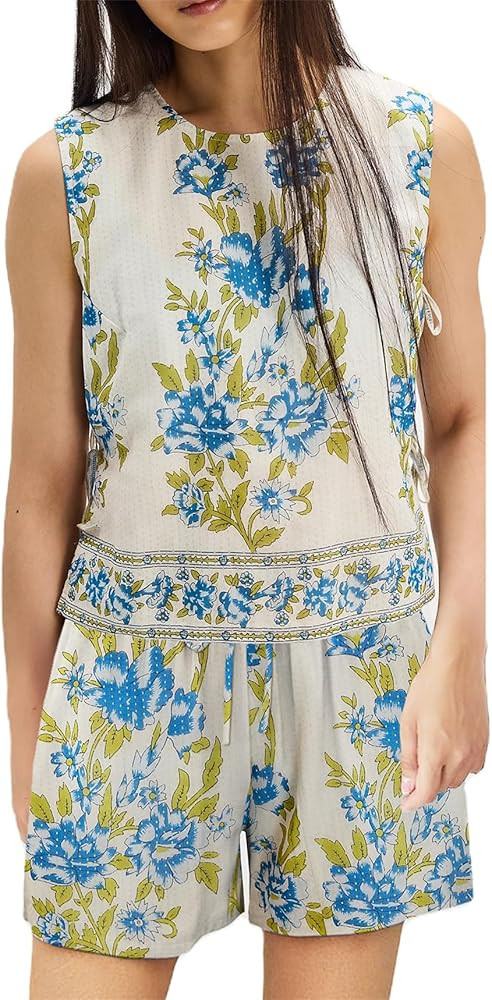 Yuemengxuan Women Tie Side Tank Top Shorts 2 Piece Outfits Set Sleeveless Floral Embroidered Crop... | Amazon (US)