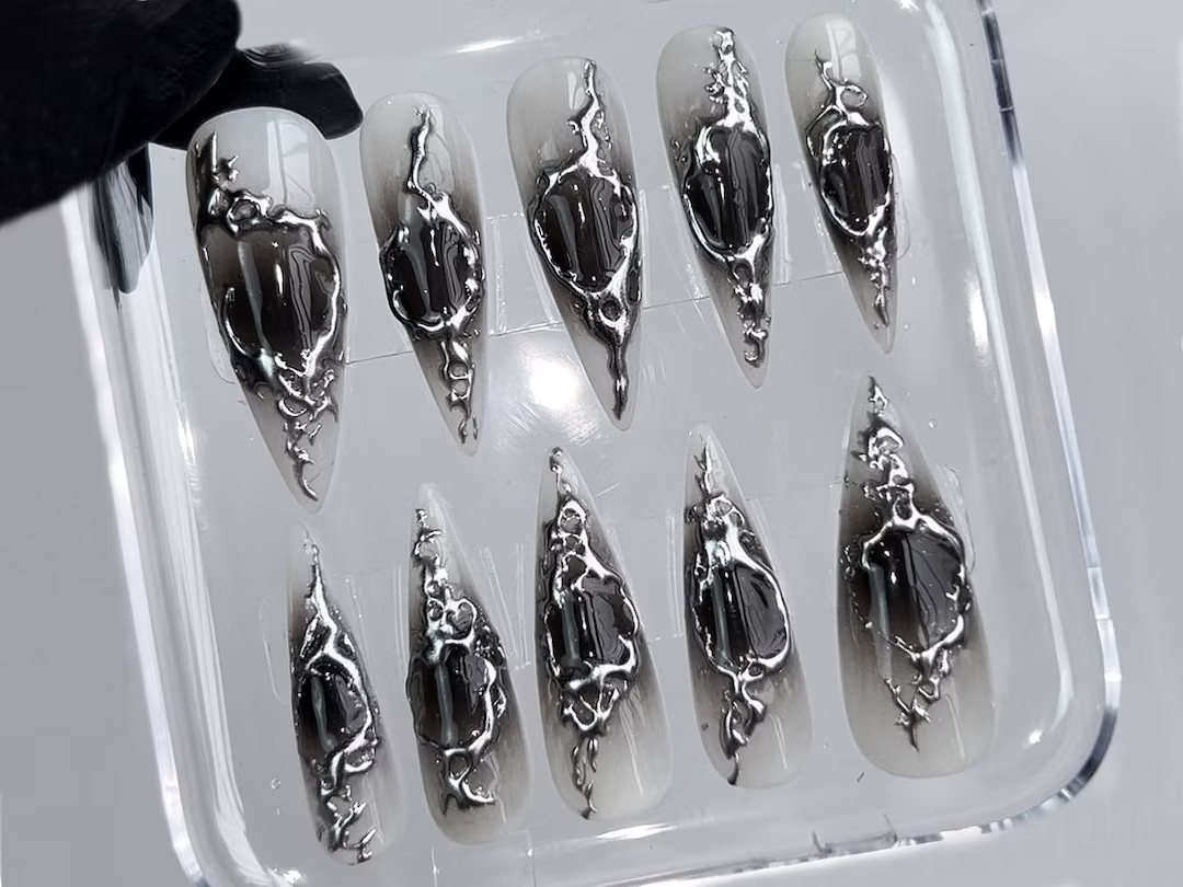 Mystical White Press on Nails Black Enigmatic Patterns Artistic Nails With High Quality Goth, Got... | Etsy (US)