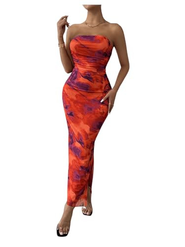 GORGLITTER Women's Floral Strapless Bodycon Wedding Guest Dress Vacation Summer Birthday Tropical Maxi Long Sun Dresses Red Tie Dye Small | Amazon (US)