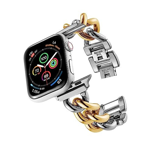 ALAMHI Compatible With Apple Watch Band Sliver Gold 42mm 44mm 45mm 49mm, Stainless Steel Metal Cowboy Chain Link Strap Wristband Women Men Replacement for iWatch Series Ultra/10/9/8/7/6/5/4/3/2/1 | Amazon (US)