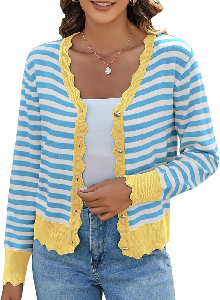 Women's Lightweight Cardigans Casual Long Sleeve V-Neck Button Print Sweaters Open Front Outerwea... | Amazon (US)