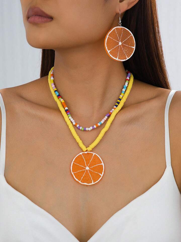 Kleurrijke Kralenketting En Fruitoorbellenset, Meerlaagse Fruithanger In Boheemse Stijl, Must-Have Voor Tropische, Oceaan-, Strand- En Passionele Zomers | SHEIN