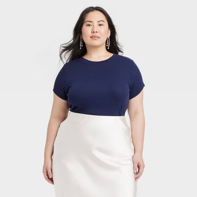 Women's Short Sleeve Ribbed T-Shirt - A New Day™ Navy 1X | Target