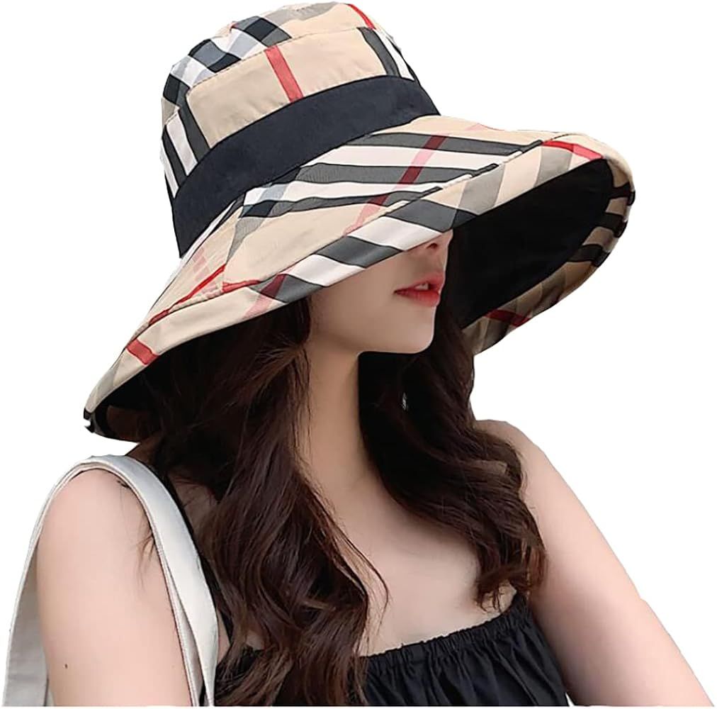 Womens Bucket Hat Beach Sun Hat for Sunmmer Travel Cotton Plaid Colorful Packable Bucket Hats | Amazon (US)