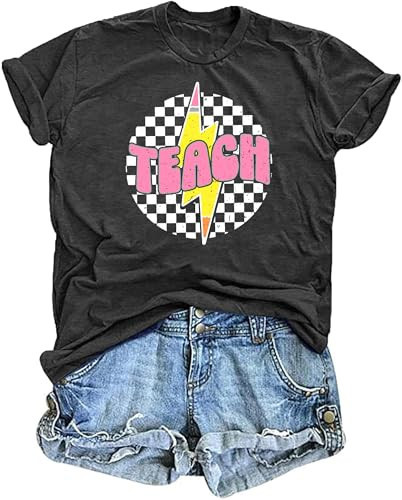Teacher Shirts for Women Funny Teach Printed Graphic Tshirt Teachers Checkered Short Sleeve Teaching Life Tops Tee Grey | Amazon (US)