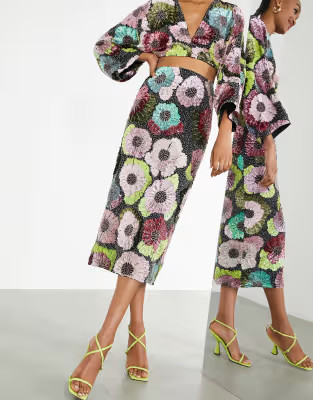 ASOS EDITION midi skirt in large floral bead and sequin co-ord | ASOS (Global)