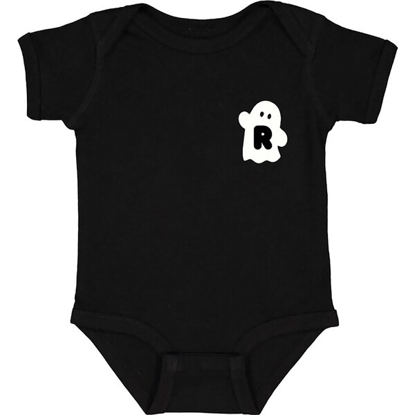 Baby Waving Ghost Initial At Side Short Sleeve Bodysuit, Black & White | Maisonette