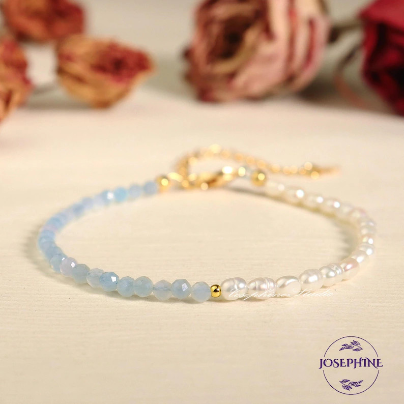 Natural Blue Crystal Aquamarine & Freshwater Real Pearl Beaded Bracelet, Wedding Bridesmaids' Gif... | Etsy (US)