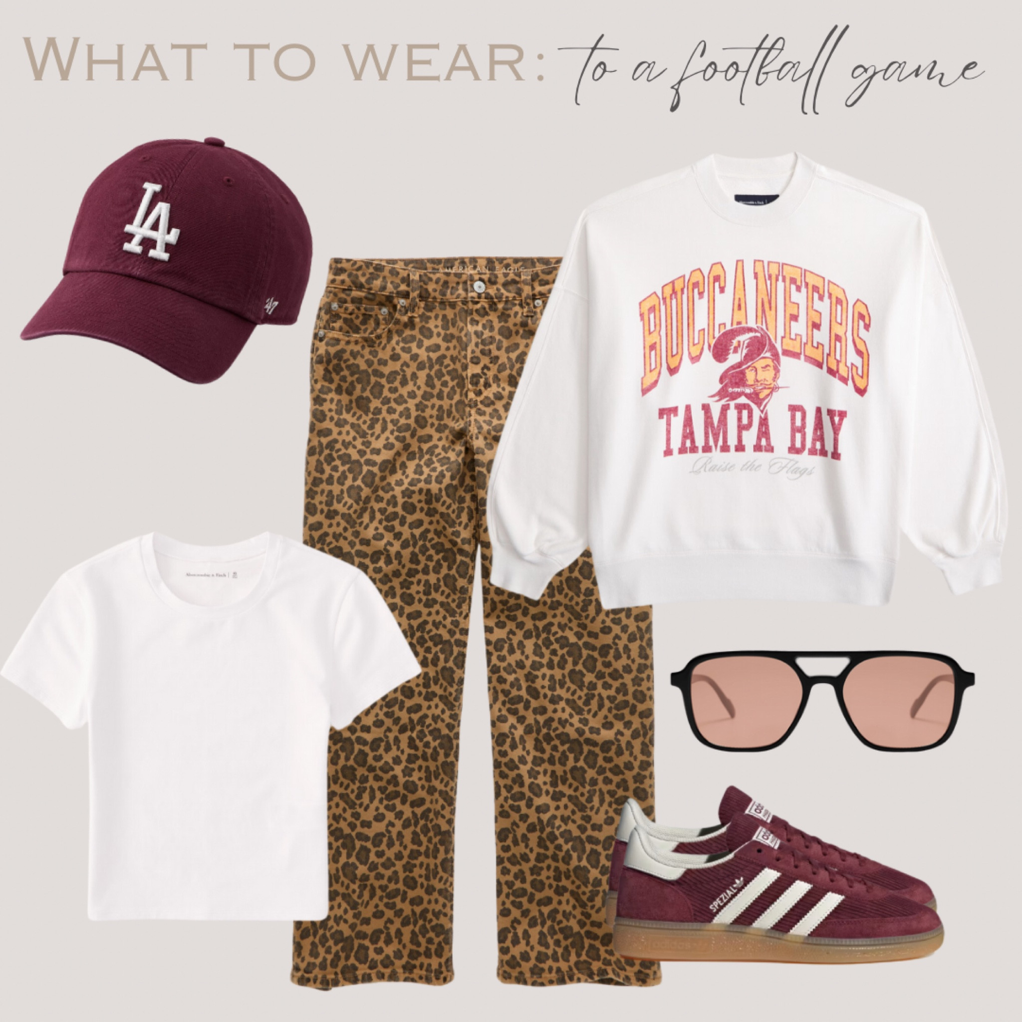 What to wear: to a football game 🏈

Leopard pants, white baby tee, tshirt, graphic oversized crewneck, sweatshirt, women’s sunglasses, burgundy spezial adidas 


#fallstyle #falloutfit #whattowear 

#LTKStyleTip #LTKSeasonal