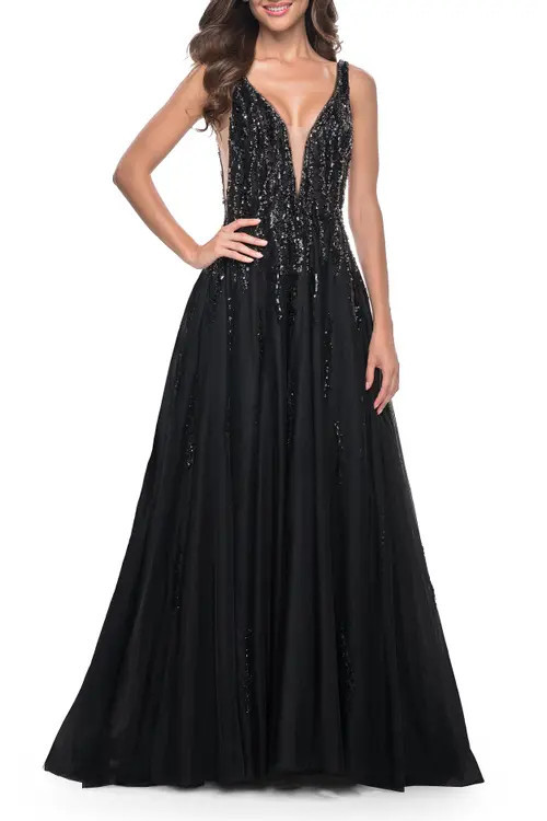 La Femme A-Line Rhinestone and Beaded Embellished Prom Dress in Black at Nordstrom, Size 0 | Nordstrom