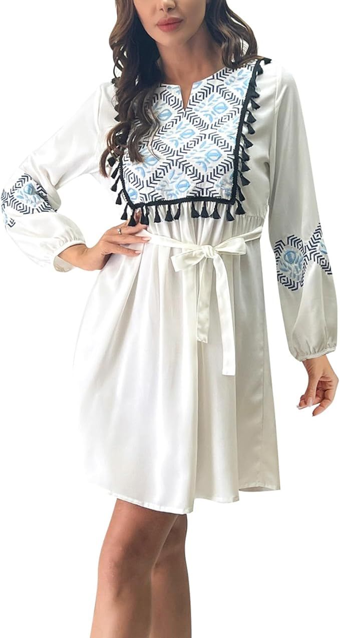 Women Bohemian Flower Embroidered Midi Dress Boho Mexican Long Sleeve V-Neck Ruffle Dresses | Amazon (US)