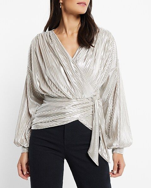 Metallic Foil Pleated Wrap Tie Waist Top | Express