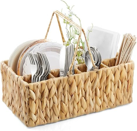 Silverware Holder for Party, Wicker Utensil Caddy, Woven Picnic Caddy for Plates, Water Hyacinth ... | Amazon (US)